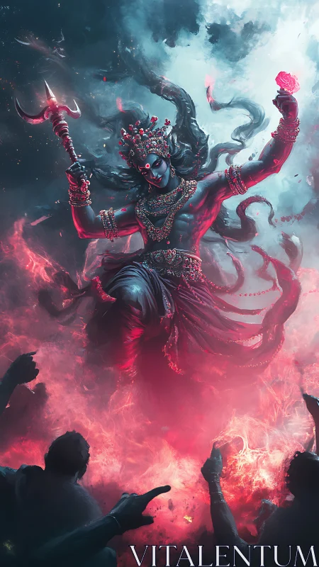 Divine warrior goddess emerging through crimson cosmic fire.