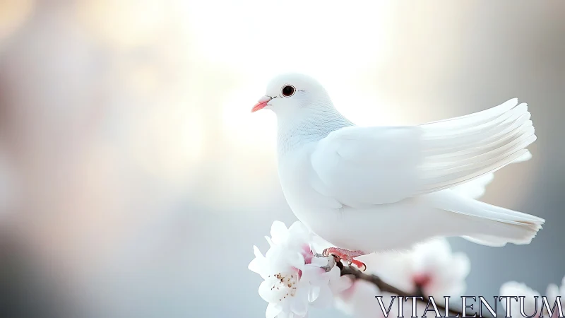 White Dove Perched on Cherry Blossom Branch