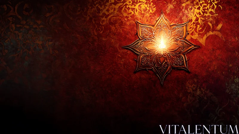 Glowing ornate floral lamp on red patterned background.