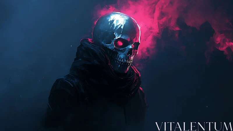 Luminous skull figure in neon magenta vapor and deep teal void