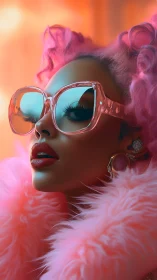 Neon glam portrait in oversized pink translucent sunglasses.