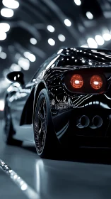 Rear view shows glossy black sports car in reflective tunnel