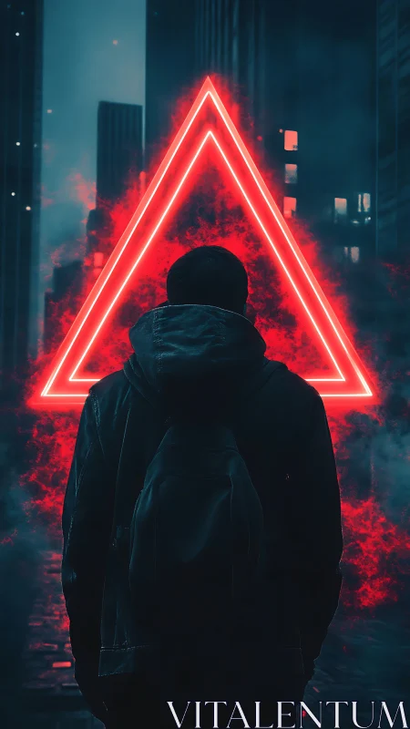 Lone figure before glowing red triangle in dark city.