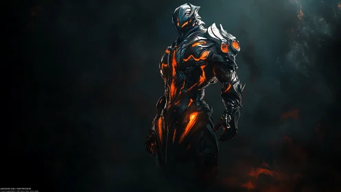 Molten armored warrior glowing with quiet cosmic power.