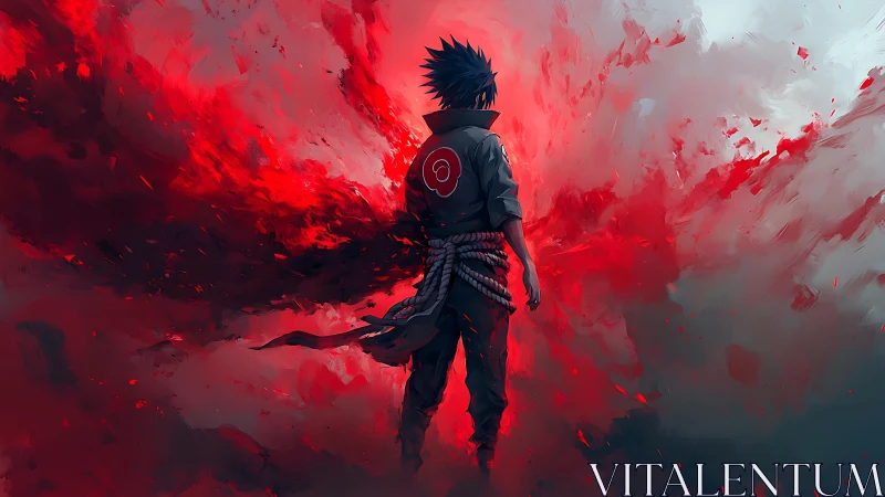 Solitary anime warrior amid red swirling energy field.