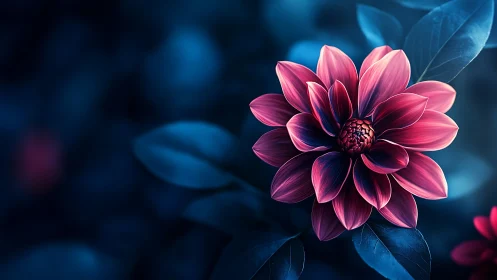 Crimson Dahlia Against Neon Blue Darkness.