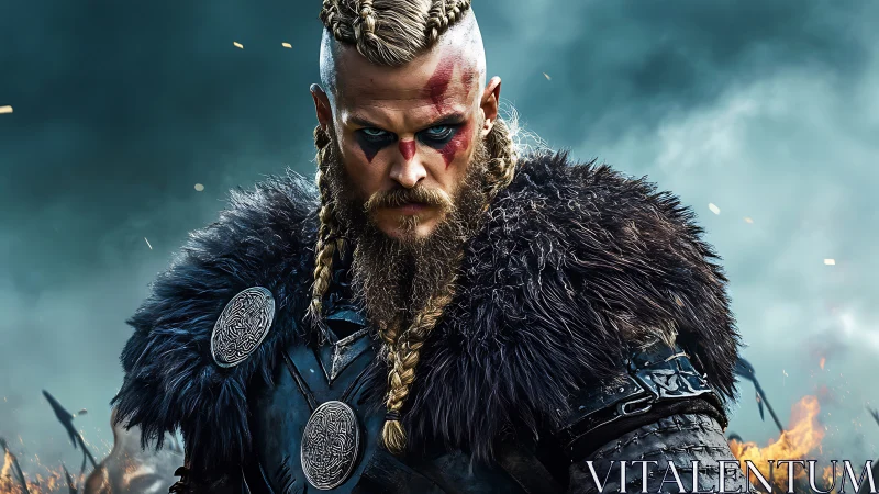 Battle-scarred viking commander smolders through stormfire haze