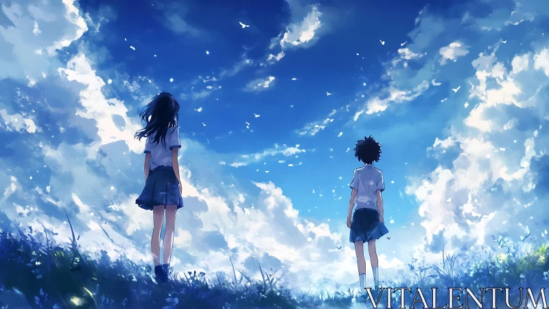 Two students gaze at a vast summer sky of clouds and light