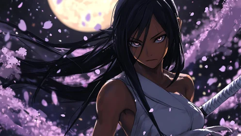 Dark-haired swordswoman stands before full moon and petals