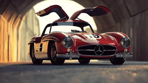 Vintage red gullwing race car under warm tunnel light.