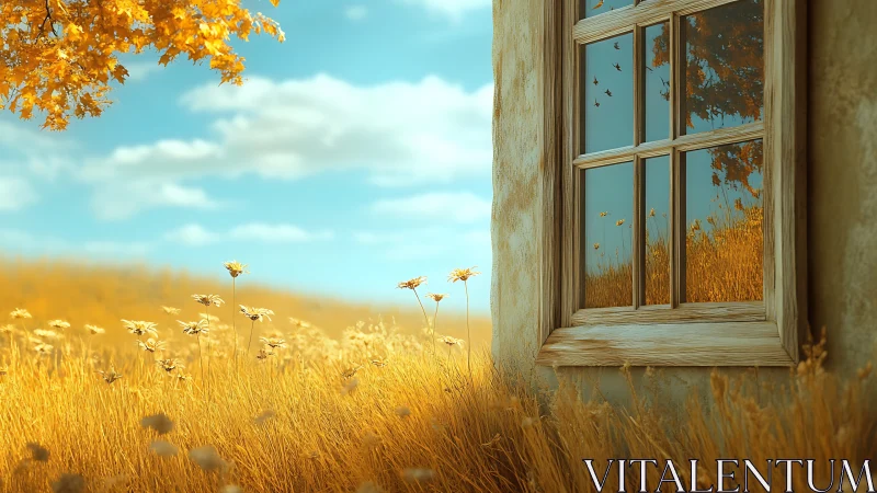 Weathered cottage window reflecting golden summer meadow