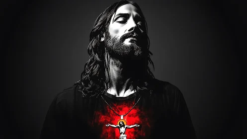 Brooding portrait merges shadowed faith and inner fire