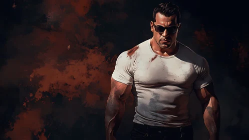 Battle-worn action hero in tight white shirt, dark backdrop.