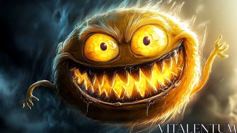 Digital painting of glowing grinning monster in chiaroscuro light.
