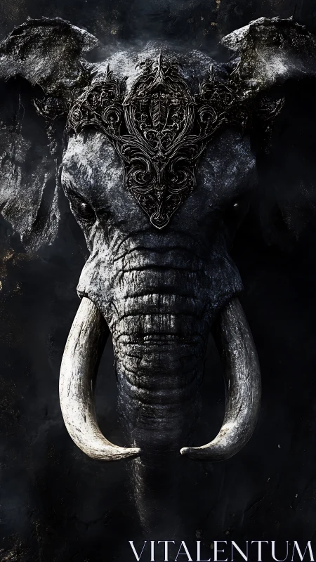 Baroque armored elephant portrait in cinematic chiaroscuro.