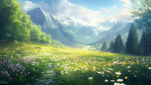 Sunlit alpine meadow extends toward distant snowy peaks.