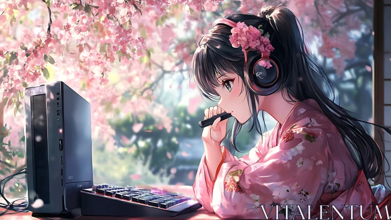 Girl in kimono at desktop PC under pink cherry blossoms.