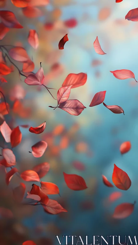 Red leaves suspended against soft teal bokeh field.