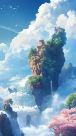 Skybound temples drift through clouds in a serene blue dream