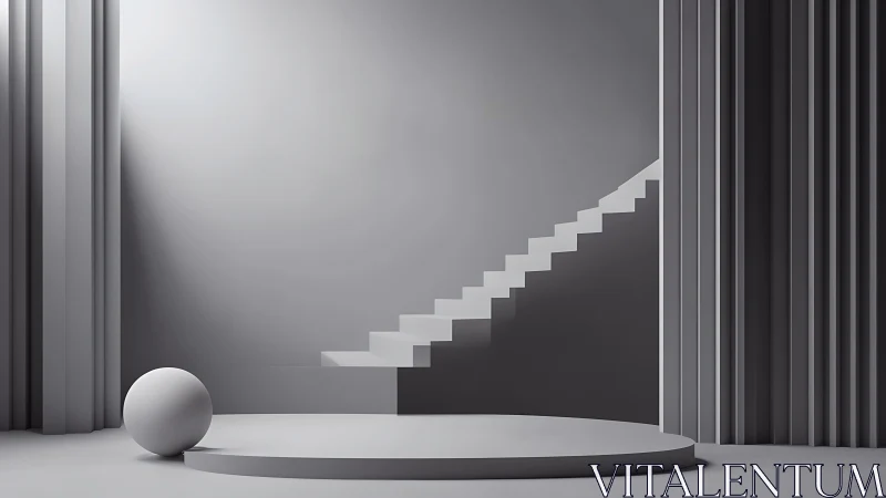 Monochrome geometric stage with suspended staircase structure.