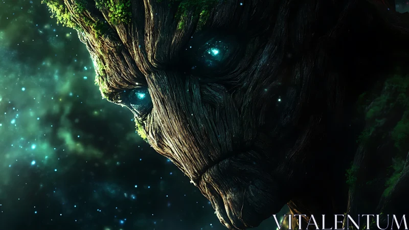 Cosmic tree guardian gazes into a glowing starfield.