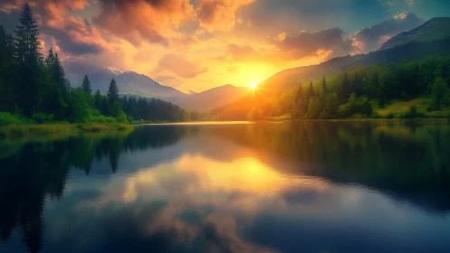 Sunset over calm mountain lake with forest reflections.