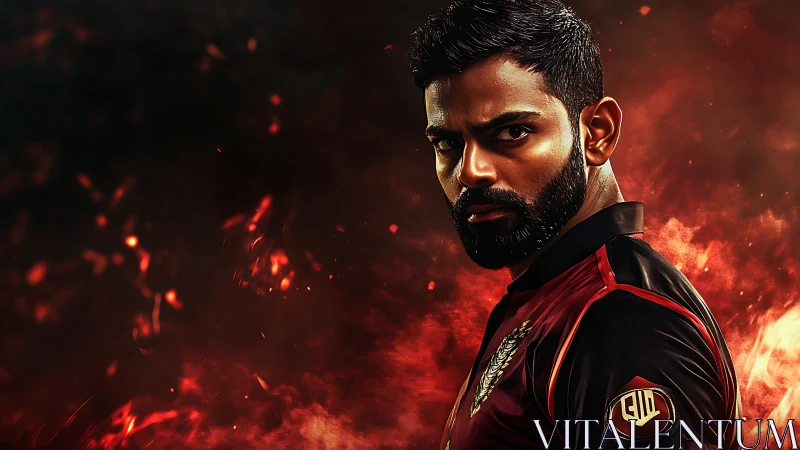 Focused athlete stands in fiery backdrop of determination