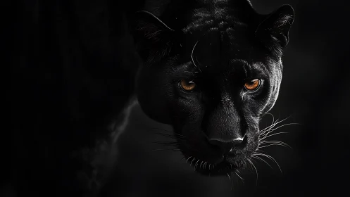 Black Panther Portrait with Amber Eyes Against Dark Background