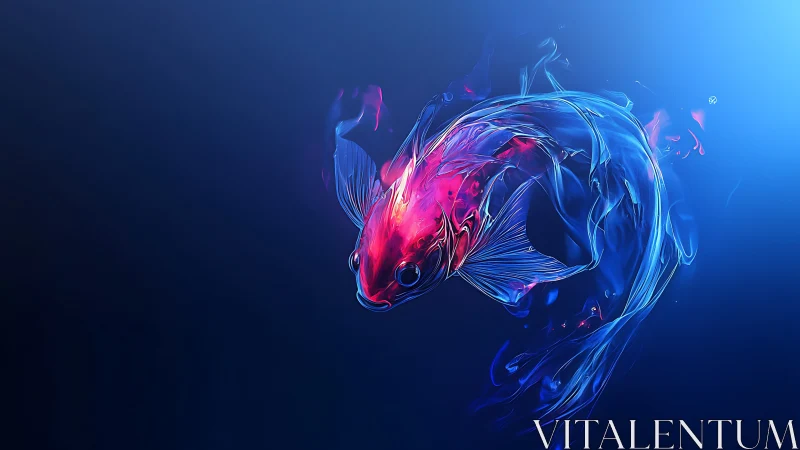 Neon koi fish glows within deep blue abstract water