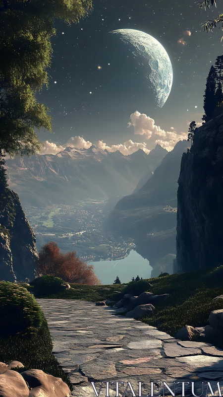 Starlit mountain path welcomes wanderers beneath a grand moon