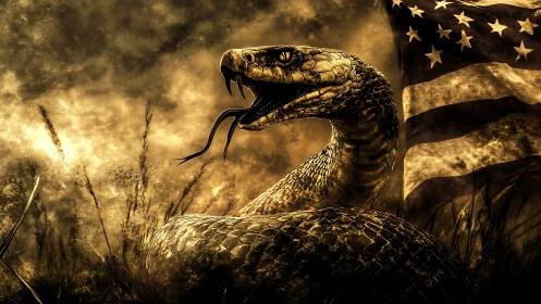 Coiled rattlesnake renders against distressed US flag backdrop