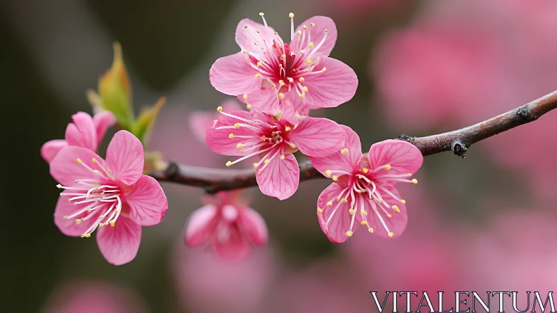 Pink Plum Blossoms in Macro Detail with Prominent Golden Stamens.