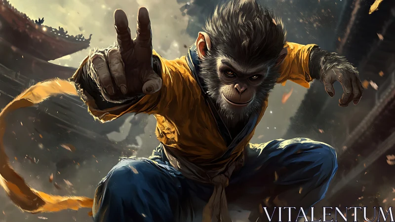 Martial arts monkey character crouches in dynamic pose