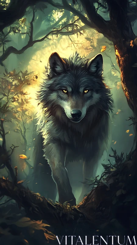 Grey wolf walking through misty forest with glowing eyes.