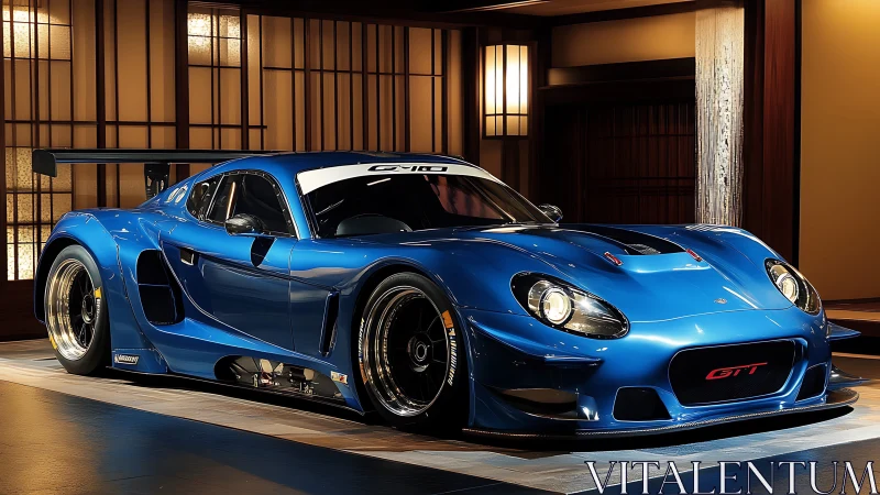 Aerodynamic GT race coupe in illuminated tatami garage.