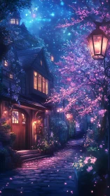 Starlit cherry blossom lane glowing with cozy doorways.