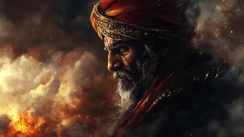 Stoic elder warrior in embers and smoke digital portrait.