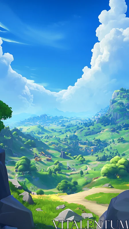 Sunlit valley stretches under bright clouds and open sky