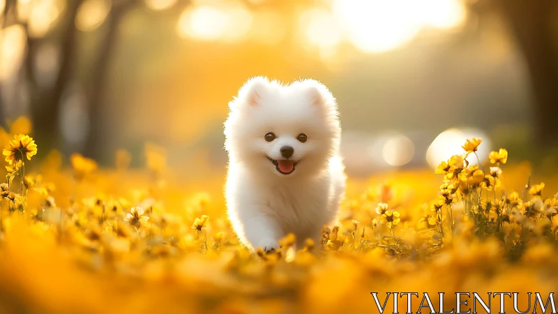 Small white dog moves through yellow wildflower field at sunset