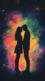 Silhouetted Couple Embracing Against Radiant Particle Light Field.