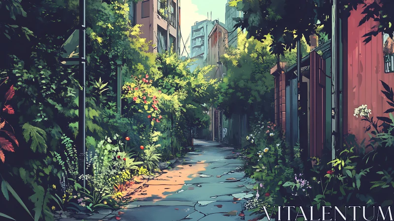 Overgrown urban alleyway glows under warm evening light.