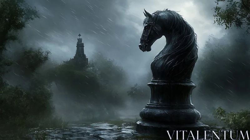 Monumental black chess knight in stormy forest landscape