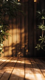 Sunlit wooden terrace with leafy plant shadows and depth.