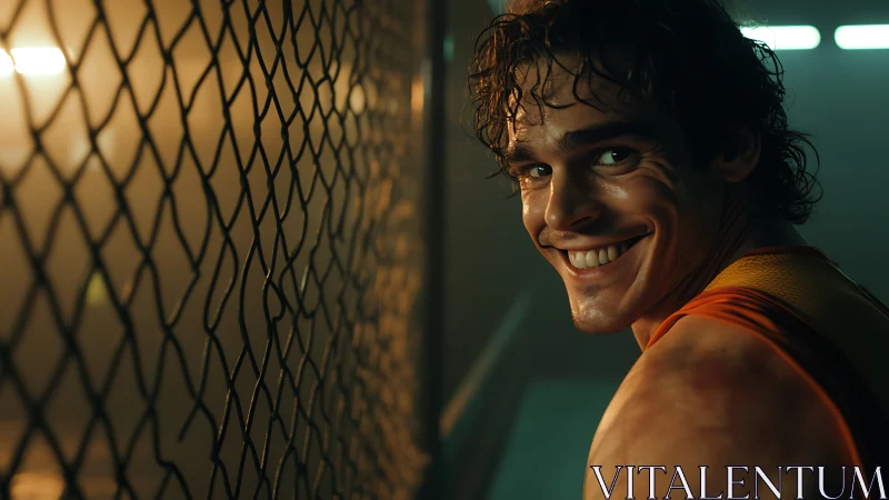 Sweaty athlete in caged corridor under tungsten backlighting