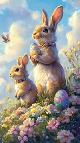 Easter rabbits stand in floral meadow holding painted eggs
