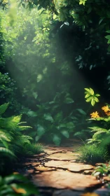 Forest Path with Dappled Sunlight and Yellow Blooms.