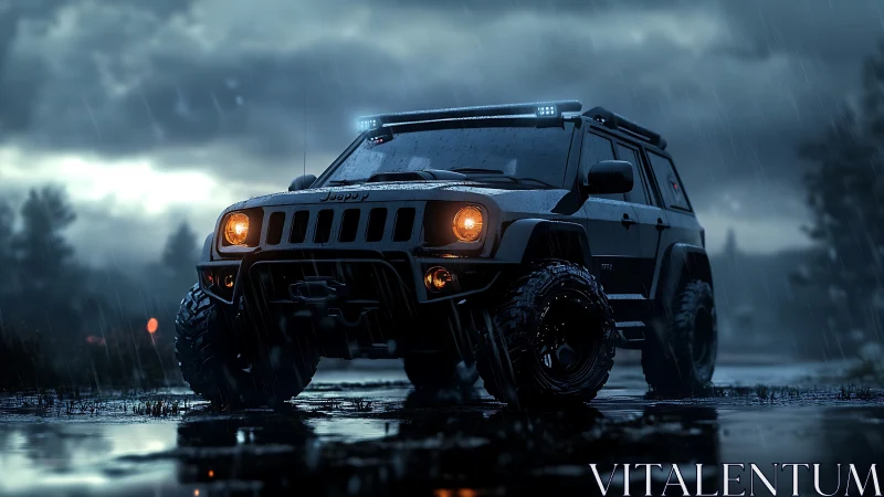 Stormlit off road SUV waiting on a rain washed trail.