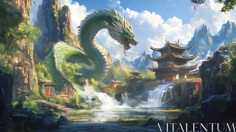 Green dragon over waterfall temple in mountain valley.