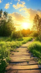 Wooden path cuts through green meadow toward bright sunset