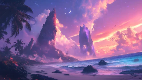 Ethereal Spires Crowned with Cosmic Fire Above Twilight Waters